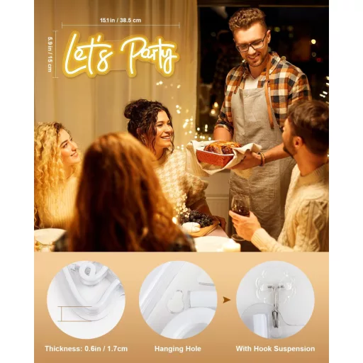 Lampă Neon LED de Perete Arrinew Lets Party, Alimentare USB, 38,5x15cm
