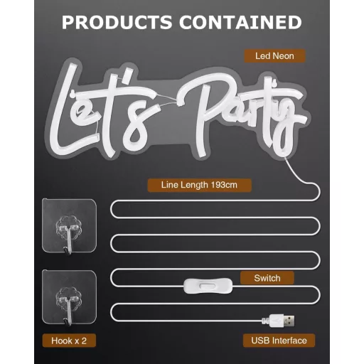 Lampă Neon LED de Perete Arrinew Lets Party, Alimentare USB, 38,5x15cm