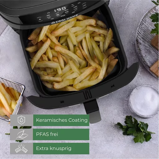 CoolHome AF23 XXL Deluxe Forrólevegős Sütő - 6,5 Literes Kerámia Bevonatú Airfryer - Előre Beállított Programokkal - Fekete