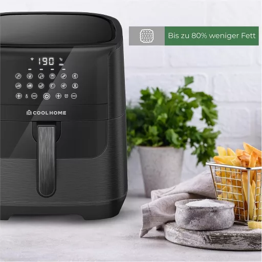 CoolHome AF23 XXL Deluxe Forrólevegős Sütő - 6,5 Literes Kerámia Bevonatú Airfryer - Előre Beállított Programokkal - Fekete