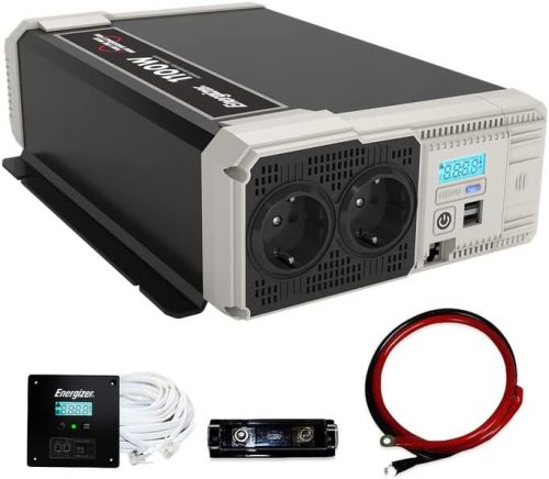 Invertor Auto Undă Sinusoidală Pură Energizer EPE1100 1100W/2200W - 12V-230V, 2 Porturi USB, Display LCD, Protecție la Supratensiune