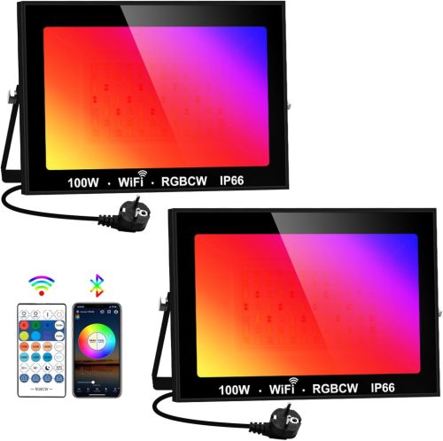 2 buc. Reflector LED RGB de exterior 100W - Control WiFi/Bluetooth, Impermeabil IP66, 16 Milioane de Culori, Lumini care se Schimbă pe Muzică pentru Petreceri, Crăciun