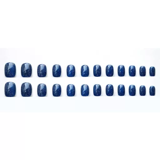 LEMEIZ Csillogó Sötétkék Műkörmök Aurora Díszítéssel - Rövid Négyzet Alakú Ragasztható Körmök, 24 db, 12 Méret
