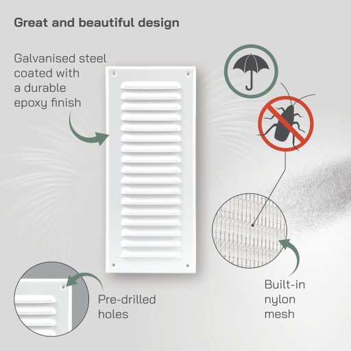 Vent Systems 125x295 mm fehér szellőzőrács rovarháló fürdőszoba konyha