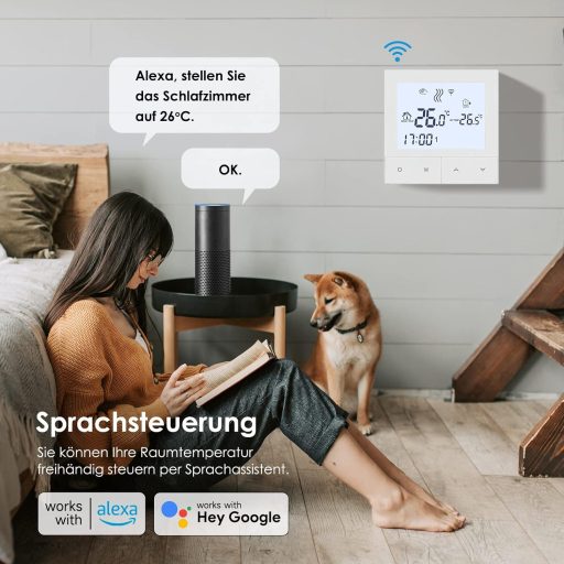 Beok TDS72WIFI-WPB Termostat inteligent WiFi pentru încălzire prin pardoseală - Pentru încălzire prin pardoseală cu apă și centrală pe gaz, programabil, compatibil Alexa/Google, Alb