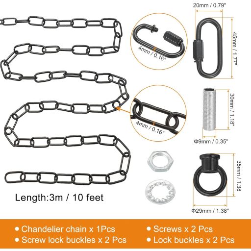 PATIKIL Lanț de suspensie pentru candelabru/lampă, 3 m, sarcină maximă 30 kg, negru