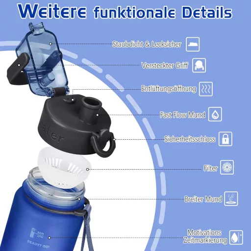 AOHAN Kulacs 1 Liter BPA-Mentes Sötétkék Sport Ivópalack Időbeosztással Edzéshez Irodához Iskolához Jógához