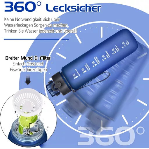 AOHAN Kulacs 1 Liter BPA-Mentes Sötétkék Sport Ivópalack Időbeosztással Edzéshez Irodához Iskolához Jógához