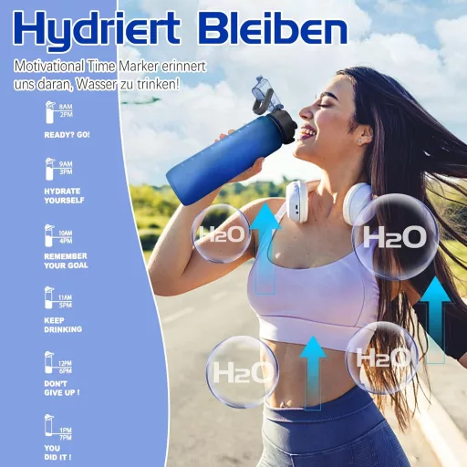 AOHAN Kulacs 1 Liter BPA-Mentes Sötétkék Sport Ivópalack Időbeosztással Edzéshez Irodához Iskolához Jógához