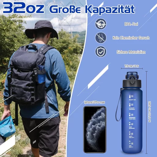 AOHAN Kulacs 1 Liter BPA-Mentes Sötétkék Sport Ivópalack Időbeosztással Edzéshez Irodához Iskolához Jógához