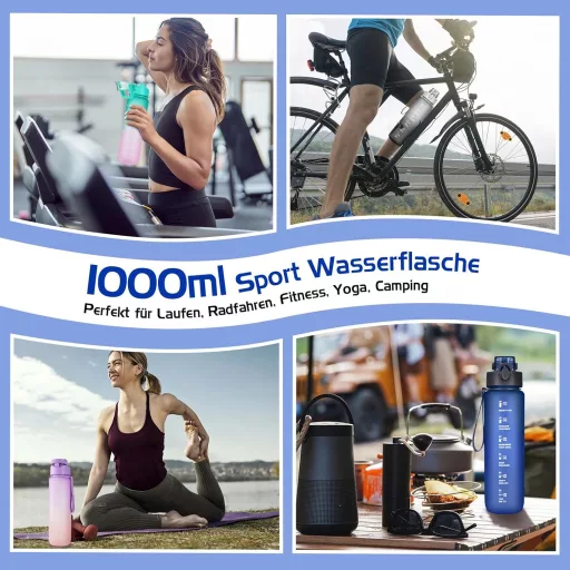 AOHAN Kulacs 1 Liter BPA-Mentes Sötétkék Sport Ivópalack Időbeosztással Edzéshez Irodához Iskolához Jógához