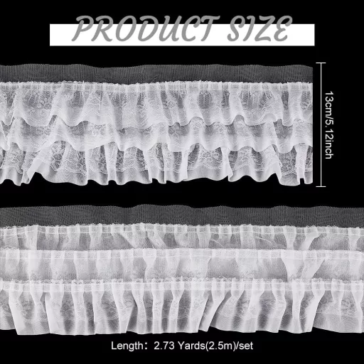 BENECREAT 3 Rétegű Fodros Csipkeszalag - 2,5 méter hosszú, 130 mm széles fehér sifon szegély esküvői dekorációhoz, ruhavarráshoz és kreatív