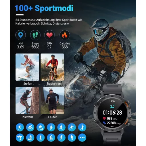 LIGE Férfi Okosóra Telefonhívás Funkcióval - 1.39" Katonai Stílusú Fitness Óra, 24H Pulzusmérő, 100+ Sportmód, IP67 Vízálló, Fekete