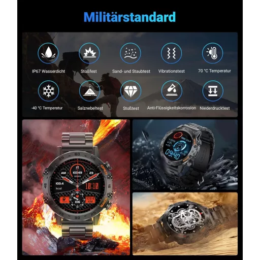 Ceas Smart LIGE pentru Bărbați cu Funcție de Apelare - Ceas Fitness Stil Militar 1.39", Monitorizare Cardiacă 24H, Peste 100 de Moduri Sportive, Rezistent la Apă IP67, Negru