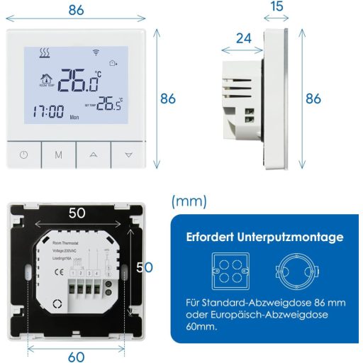 BEOK CONTROLS WiFi Okos Termosztát Padlófűtéshez Programozható Digitális Szobatermosztát 230V Alexa Kompatibilis Fehér