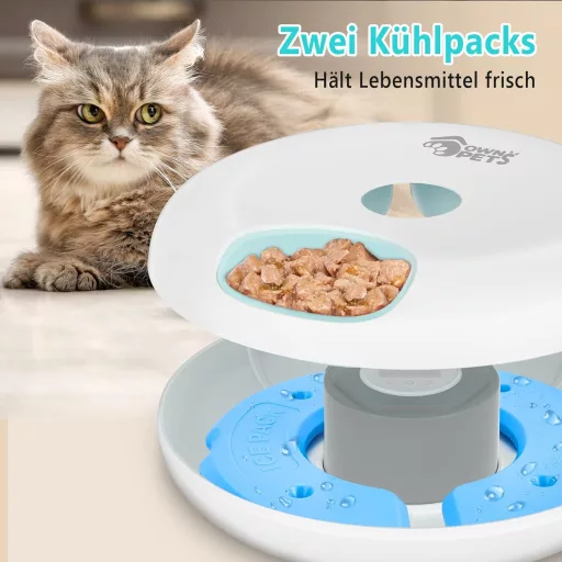 Ownpets Automata Macska Etetőtál Nedves és Száraz Eledelhez - 6 Adagos Időzíthető Etető Hűtőakkukkal, Mancsbarát Kialakítás, Kisebb Fajtákna