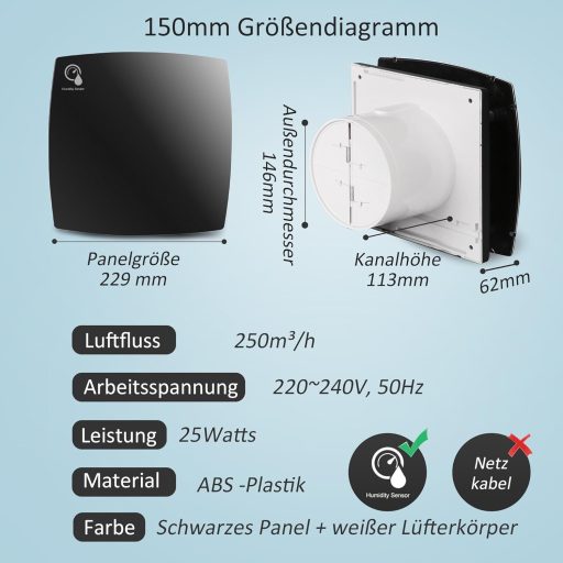 Hose Vary 150mm fekete fürdőszobai ventilátor párazáró szeleppel és visszacsapó lappal