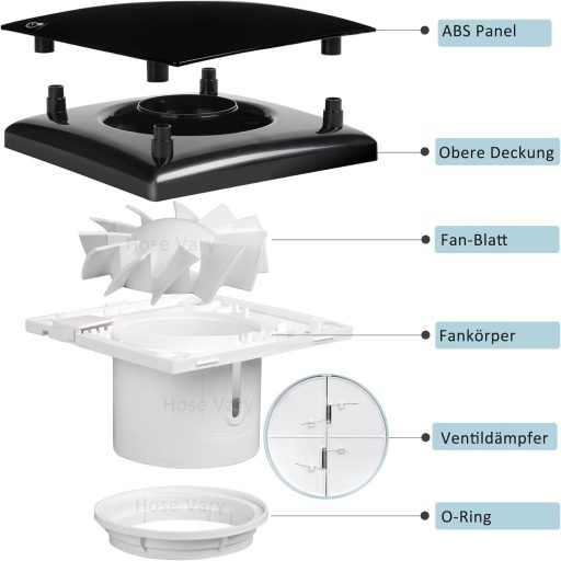 Hose Vary 150mm fekete fürdőszobai ventilátor párazáró szeleppel és visszacsapó lappal