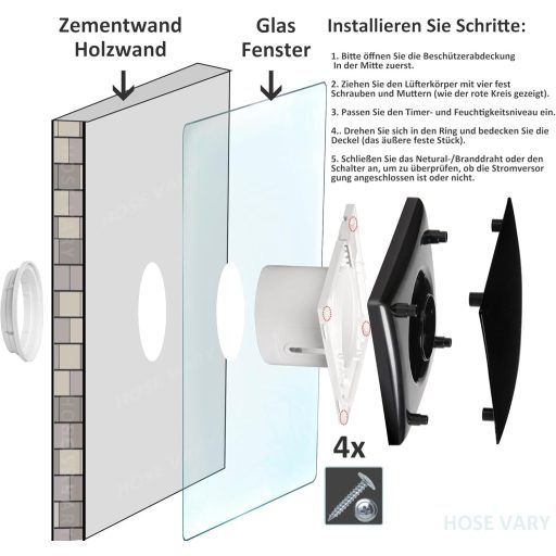 Hose Vary 150mm fekete fürdőszobai ventilátor párazáró szeleppel és visszacsapó lappal