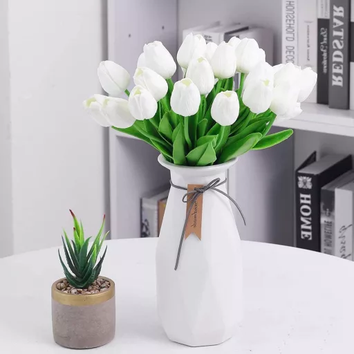 N&T NIETING Balenie verných bielych umelých tulipánov - 12 ks Latexové PU umelé kvety s reálnym dotykom Dekorácia na svadbu, do domácnosti, do kancelárie
