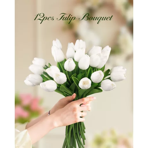 N&T NIETING Balenie verných bielych umelých tulipánov - 12 ks Latexové PU umelé kvety s reálnym dotykom Dekorácia na svadbu, do domácnosti, do kancelárie