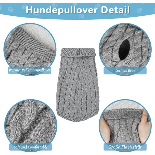 Grantop Pulover tricotat de iarnă pentru câini - Haine călduroase pentru animale de companie cu guler rulat, pentru câini de talie mică și medie, pisici - Gri, Mărimea L