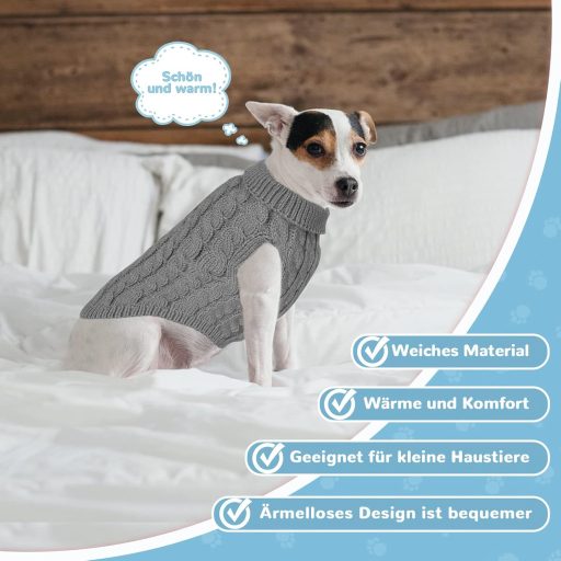 Grantop Pulover tricotat de iarnă pentru câini - Haine călduroase pentru animale de companie cu guler rulat, pentru câini de talie mică și medie, pisici - Gri, Mărimea L