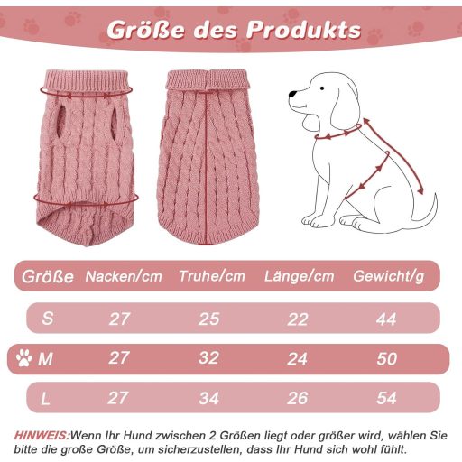 Pulover tricotat pentru câini Grantop - Pulover călduros de iarnă, cu guler înalt, pentru câini de talie mică și medie, pisici - Roz, Mărimea M