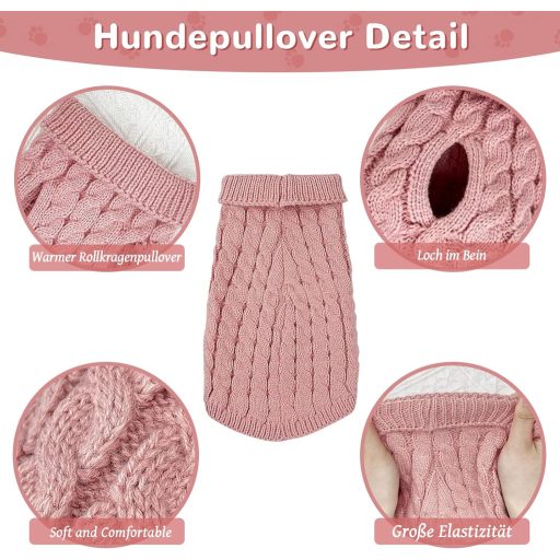 Pulover tricotat pentru câini Grantop - Pulover călduros de iarnă, cu guler înalt, pentru câini de talie mică și medie, pisici - Roz, Mărimea M