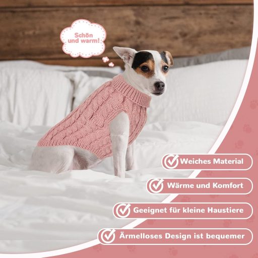 Pulover tricotat pentru câini Grantop - Pulover călduros de iarnă, cu guler înalt, pentru câini de talie mică și medie, pisici - Roz, Mărimea M