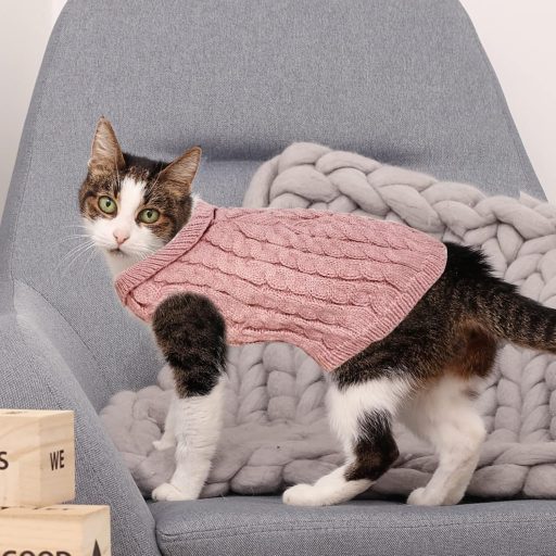 Pulover tricotat pentru câini Grantop - Pulover călduros de iarnă, cu guler înalt, pentru câini de talie mică și medie, pisici - Roz, Mărimea M