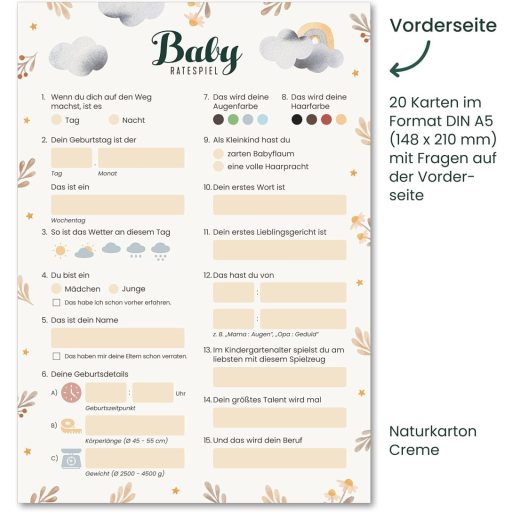 FRUITPRINTS 20 db Baby Shower Játék Kártya, Kitöltős Tippelő Lapok Fiúknak és Lányoknak