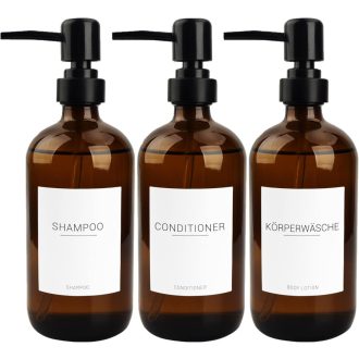   Hafeehoo 3 db Barna Üveg Szappanadagoló 500 ml Fekete Pumpával és Fehér Címkékkel