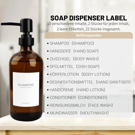 Set 3 Dozatoare de Săpun din Sticlă Brună Hafeehoo 500 ml cu Pompă Neagră și Etichete Albe