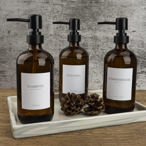 Set 3 Dozatoare de Săpun din Sticlă Brună Hafeehoo 500 ml cu Pompă Neagră și Etichete Albe