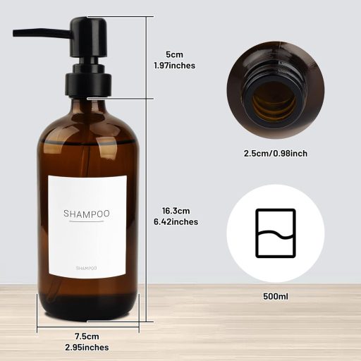 Set 3 Dozatoare de Săpun din Sticlă Brună Hafeehoo 500 ml cu Pompă Neagră și Etichete Albe