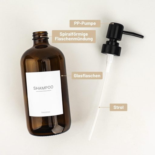 Set 3 Dozatoare de Săpun din Sticlă Brună Hafeehoo 500 ml cu Pompă Neagră și Etichete Albe