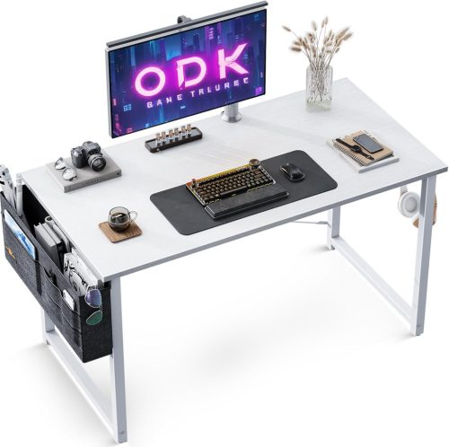 ODK Kompakt Íróasztal, 100 x 48 cm Számítógépasztal Fejhallgató Tartóval, Fehér Munkaasztal Kis Terekbe, Otthoni Iroda Asztal