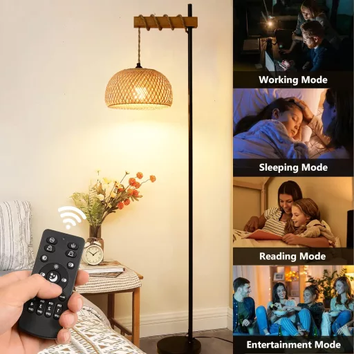 Vintage Stojacia lampa s bambusovým tienidlom - Diaľkové ovládanie, stmievanie, LED lampa ovládateľná aplikáciou do obývačky, spálne