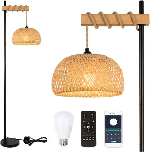 Lampă de podea vintage cu abajur din bambus - Telecomandă, reglabilă, lampă LED controlabilă prin aplicație, pentru living, dormitor