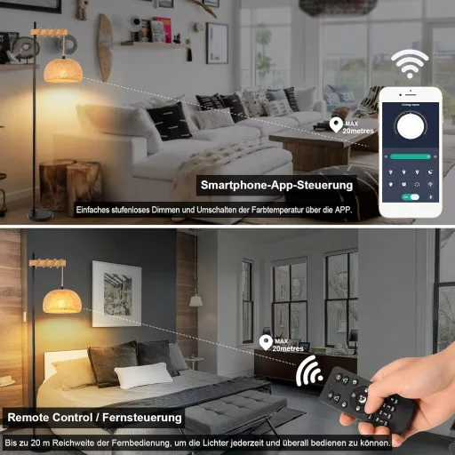 Lampă de podea vintage cu abajur din bambus - Telecomandă, reglabilă, lampă LED controlabilă prin aplicație, pentru living, dormitor