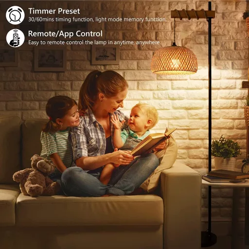 Lampă de podea vintage cu abajur din bambus - Telecomandă, reglabilă, lampă LED controlabilă prin aplicație, pentru living, dormitor