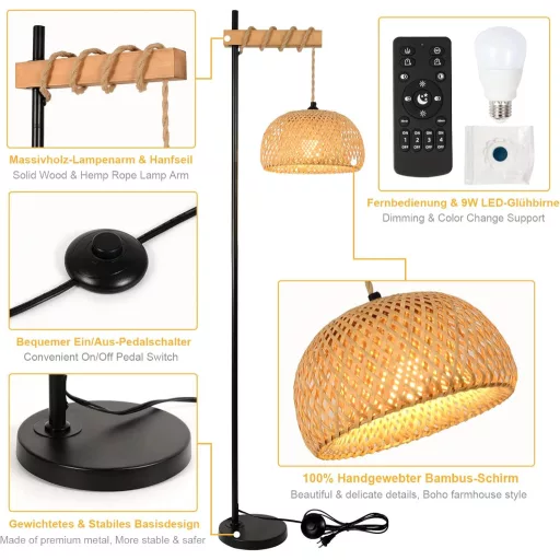 Lampă de podea vintage cu abajur din bambus - Telecomandă, reglabilă, lampă LED controlabilă prin aplicație, pentru living, dormitor