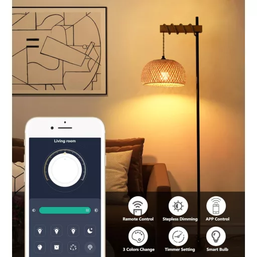 Lampă de podea vintage cu abajur din bambus - Telecomandă, reglabilă, lampă LED controlabilă prin aplicație, pentru living, dormitor