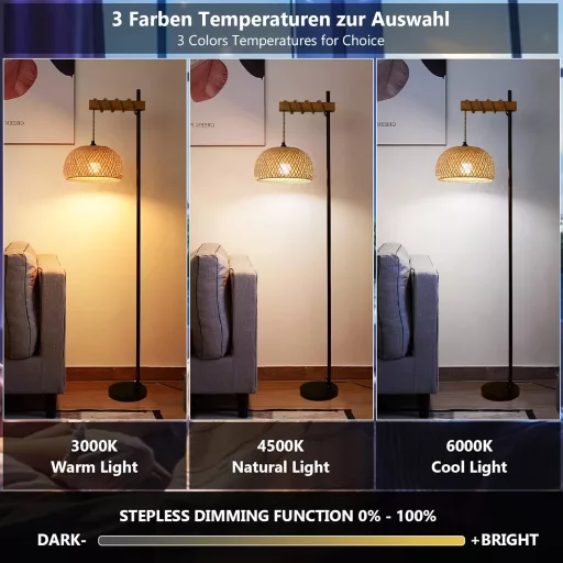 Vintage Állólámpa Bambusz Lámpaernyővel - Távirányítós, Fényerőszabályozós, Alkalmazással Vezérelhető LED Lámpa Nappaliba, Hálószob