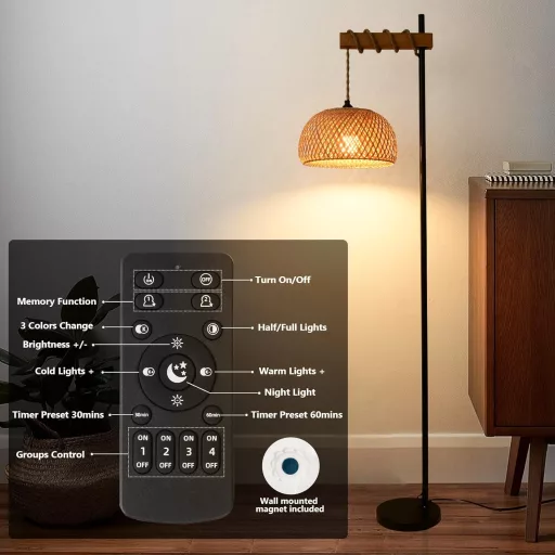 Vintage Állólámpa Bambusz Lámpaernyővel - Távirányítós, Fényerőszabályozós, Alkalmazással Vezérelhető LED Lámpa Nappaliba, Hálószob