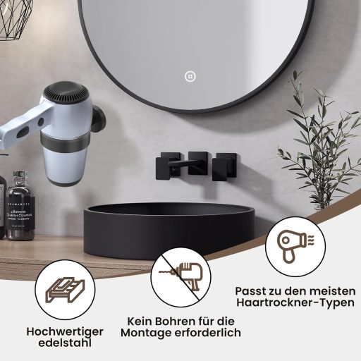 Dailyart Fali Hajszárító Tartó Rozsdamentes Acél Fekete Ragasztható