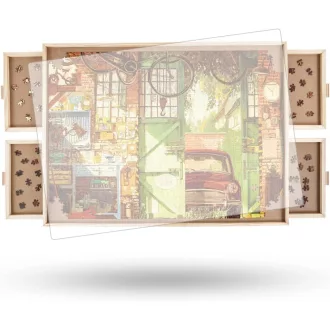   Truwheelz Forgatható Puzzle Asztal 4 Fiókkal és Fedéllel - 64x87 cm Fa Kirakós Tábla 1500 Darabos Játékhoz - Forgatható Lazy Susan Rendszer