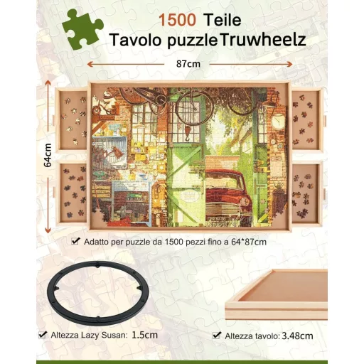 Truwheelz Forgatható Puzzle Asztal 4 Fiókkal és Fedéllel - 64x87 cm Fa Kirakós Tábla 1500 Darabos Játékhoz - Forgatható Lazy Susan Rendszer