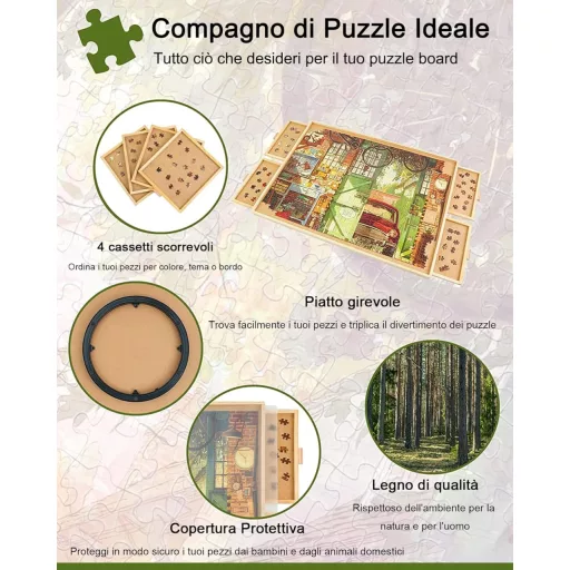 Truwheelz Forgatható Puzzle Asztal 4 Fiókkal és Fedéllel - 64x87 cm Fa Kirakós Tábla 1500 Darabos Játékhoz - Forgatható Lazy Susan Rendszer